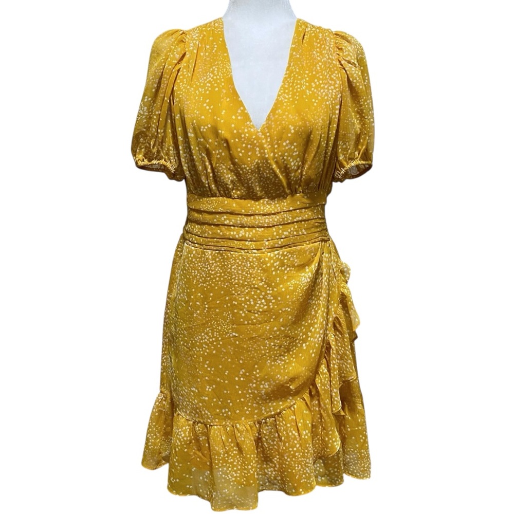 Express Dress Womens S/M Yellow Faux Wrap Short Sleeve Polka Dot Ruffle Chiffon